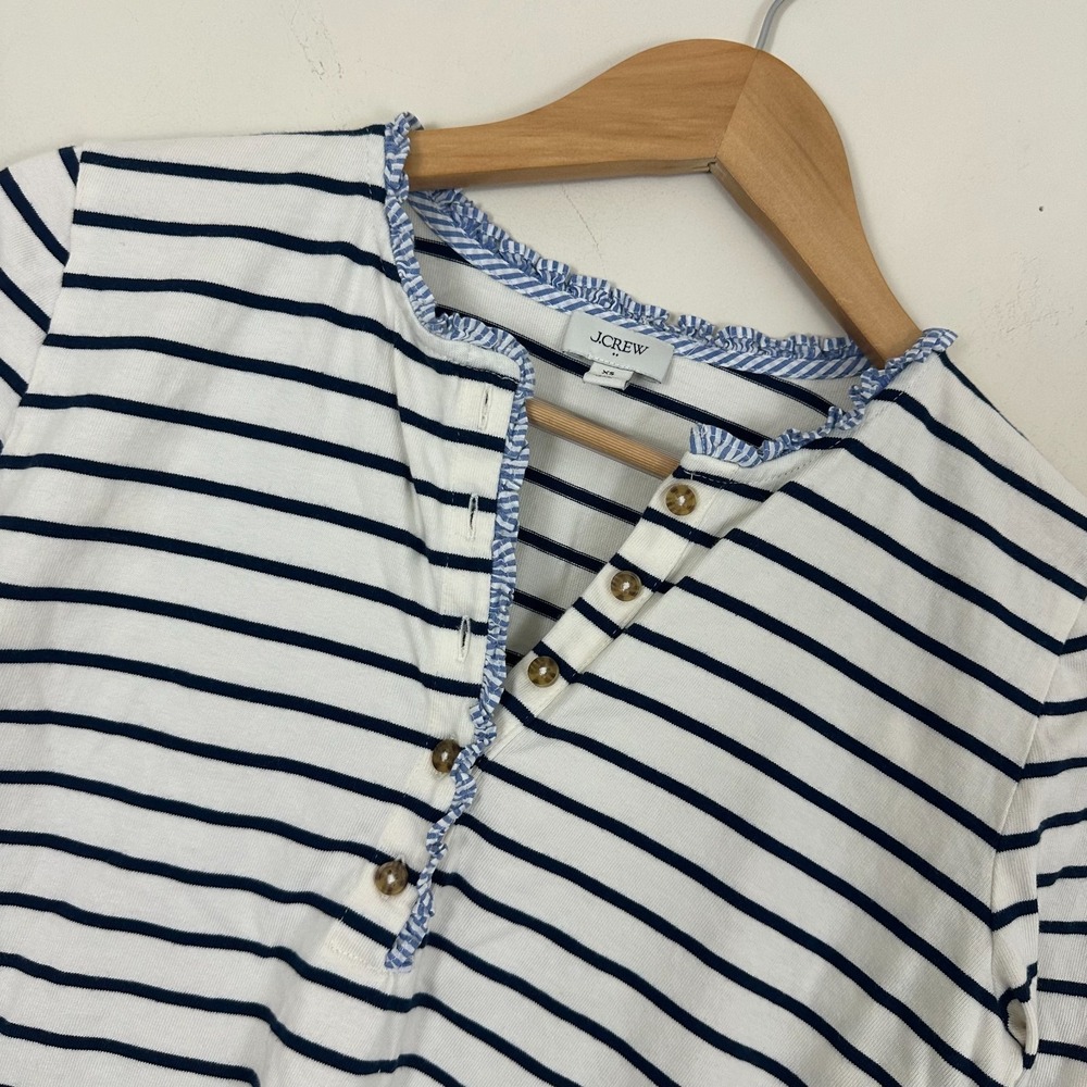 J.Crew Henley Shirt Navy Blue Striped Cotton Ruffle Trim Coastal Nautical XS